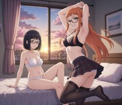 ai_generated arms_above_head bed bedroom black_hair blush bra brown_eyes dancing daughter implied_incest mother mother_and_daughter older_female_and_younger_female orange_hair panties pantyshot persona persona_(series) persona_5 purple_eyes sakura_blossoms sakura_futaba school_skirt schoolgirl sitting_on_bed stockings stockings_thigh_highs striptease sunset teenager underwear wakaba_ishiki yuri