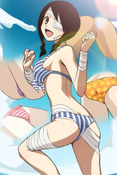 armpit_hair ass ass_cleavage bandages bikini black_hair bottomless braid brown_eyes butt_crack censored cloud convenient_censoring eye_patch female female_armpit_hair fisheyes floral_print frilled_bikini frills from_behind front-tie_top haruyama kobushi_abiru lens_flare looking_back lowres montage no_panties no_pants polka_dot polka_dot_bikini polka_dot_swimsuit running sayonara_zetsubou_sensei sky smile striped striped_bikini striped_swimsuit swimsuit twin_braids vertical_stripes w_arms