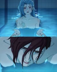 2d 2girls arcane arcane_jinx arcane_vi blue_eyes blue_hair breasts female female_only freckles incest jinx_(league_of_legends) kenkogs league_of_legends nude purple_eyes red_hair reze_in_the_pool_(meme) siblings sisters swimming swimming_pool tattoo tattoos vi vi_(league_of_legends) violet_eyes water yuri