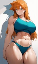 abs aged_up ai_generated alternate_breast_size alternate_muscle_size aqua_eyes bangs bare_shoulders bikini blue_eyes blue_sports_bra blush bra breasts clavicle cleavage closed_mouth clothing collarbone cowboy_shot earrings female female_only green_eyes jewelry kasumi_(pokemon) large_breasts long_hair looking_at_viewer muscle muscular muscular_female navel obliques orange_hair pokemon pokemon_(anime) pokemon_(classic_anime) pokemon_rgby solo sports_bikini sports_bra standing stomach swimsuit thick_thighs thighs underwear