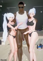 1boy 2girls arrancon blue_eyes dark-skinned_male exercise_equipment flaccid_penis gym_clothes gym_uniform half-dressed half_naked half_naked_female half_naked_male interracial long_hair long_hair_female rwby sisters weights weiss_schnee white_hair white_hair_female winter_schnee