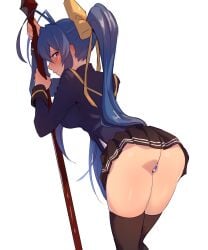 1girls antenna_hair ass bad_id blazblue blazblue_variable_heart blue_hair blush genderswap_(mtf) highres holding holding_weapon leaning_forward long_hair looking_back mai_natsume nifffi panties polearm ponytail school_uniform sidelocks solo spear striped_clothes striped_panties tagme thighhighs underwear upskirt weapon