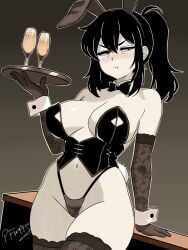 1girls 2026 artist_name black_hair blush breasts bunny_ears bunny_girl bunny_tail bunnysuit champagne_glass cleavage female female_only gloves hair_between_eyes highres large_breasts light-skinned_female light_skin long_gloves milf navel pinkflamingoart ponytail pout pubic_hair pussy renee_graves solo stockings the_coffin_of_andy_and_leyley thick_thighs thighhighs thong tray watermark wide_hips wrist_cuffs yellow_eyes