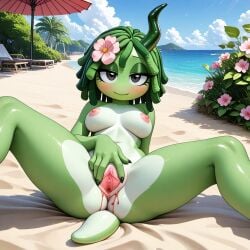 ai_generated ass beach beach_sex black_eyes blood blood_from_pussy blush breasts flower_in_hair furry furry_female furry_only furry_slug green green_(sprunki) green_body green_claws green_fur green_hair green_horn green_skin green_tail menstrual_blood menstrual_sex menstruation naked naked_female naked_furry nipples nude nude_female nude_furry period period_blood period_sex pink_flower pussy sex sexy sexy_pose slug_girl smile solo solo_female solo_furry spread_legs spread_pussy sprunki vineria_(sprunki)