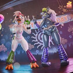 3_toes 3d_(artwork) accessory animatronic anthro anus areola arm_warmers armwear ass avian beak bird bow_ribbon bracelet breasts canid canine canis chicken clothing dastashy digital_media_(artwork) duo ear_piercing ear_ring feet female fingerless_gloves fisheye_lens five_nights_at_freddy's five_nights_at_freddy's:_security_breach full-length_portrait galliform gesture glamrock_chica glistening glistening_body gloves glowing glowing_eyes green_clothing green_fingerless_gloves green_gloves green_handwear grey_body hair hair_accessory hair_ribbon hairbow hand_gesture hand_on_hip handwear hi_res inside jewelry leg_warmers legwear lips long_hair looking_at_viewer looking_back looking_back_at_viewer machine mammal medium_breasts middle_finger neon nipples non-mammal_breasts non-mammal_nipples one_eye_closed pattern_arm_warmers pattern_armwear pattern_clothing pattern_leg_warmers pattern_legwear phasianid piercing portrait purple_arm_warmers purple_armwear purple_clothing purple_eyes purple_leg_warmers purple_legwear purple_lips ribbons ring_piercing robot robot_anthro roxanne_wolf scottgames short_hair smile smiling_at_viewer stage steel_wool_studios striped_arm_warmers striped_armwear striped_clothing striped_leg_warmers striped_legwear stripes studded_bracelet studded_jewelry studs tailless toes v_sign watermark white_body wide_hips wink winking_at_viewer wolf yellow_eyes