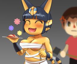 5_fingers absurd_res angry animal_crossing ankha ankha_(animal_crossing) anthro axe black_hair black_nose bottomwear breasts brown_eyes brown_hair clothed clothing cross-popping_vein domestic_cat duo felid feline felis female fingers flower fur genitals hair happy hi_res human imminent_death male mammal navel nintendo nipple_slip open_mouth pants pink_tongue plant plate shirt slightly_chubby slightly_chubby_anthro slightly_chubby_female solo_focus tan_body tan_fur tongue topwear vulva waynekan