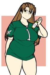 1girl 1girls 2d 2d_(artwork) alcohol american_football arms_behind_back arms_up azumanga_daiou bangs beer beer_bottle bottle breasts brown_eyes brown_hair chubby chubby_female color colored digital_drawing_(artwork) digital_media_(artwork) female female_only glasses hair hands_up highres holding holding_bottle holding_object jersey koyomi_mizuhara large_breasts long_hair looking_at_viewer massgrave_art mizuhara_koyomi national_football_league nfl no_pants philadelphia_eagles plump simple_background smile smile_at_viewer smiling smiling_at_viewer sportswear thick_thighs thighs