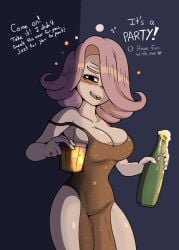 1girls alcohol beer beer_bottle big_breasts black_eyes breasts bubbles cleavage clothing cpt-pop dress dress_strap_slip drink drunk drunk_bubble drunk_female english english_text female female_only hair hair_over_one_eye heart holding_drink holding_object mature mature_female ongezellig pink_hair smile solo solo_female spoken_heart strap_slip text thighs vera_persijn yellow_dress