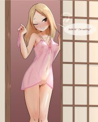 babydoll_lingerie commission commissioner_upload english_text holding_panties implied_incest kaga_rin nyoronyan seductive teenager transparent_clothing usagi_drop useless_clothing wink