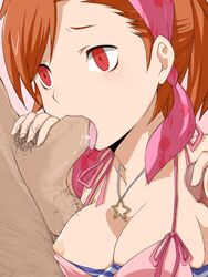 bandana breasts censored clothing fellatio handjob jewelry large_breasts megami_ibunroku_devil_survivor necklace nipple_slip nipples oral orange_hair penis pubic_hair red_eyes red_hair saliva tongue uncensored yuzu_tanigawa