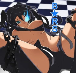 1girls bikini_top black_hair black_rock_shooter black_rock_shooter_(character) blue_eyes bondage breasts chains clitslip female glowing glowing_eyes hot_pants hotpants kosame_daizu large_breasts long_hair lying no_panties on_back open_fly open_shorts pussy pussy_peek scar short_shorts shorts solo spread_legs stitches tied_hair twintails uncensored unzipped upshorts vocaloid