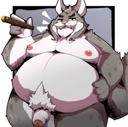 anthro balls barazoku bedroom_eyes belly big_belly brown_eyes canada_lynx cigar disney eyebrows felid feline fur genitals grey_body grey_fur hand_on_side hi_res holding_cigar holding_object holding_side kusosensei looking_at_viewer lynx male mammal manly markings mature_anthro mature_male milton_lynxley moobs musclegut muscular muscular_anthro muscular_arms muscular_male muscular_thighs narrowed_eyes nipples nude nude_anthro nude_male overweight overweight_anthro overweight_male penis pose presenting presenting_body presenting_penis pubes seducing_viewer seductive smoking smoking_cigar solo spots spotted_body spotted_fur spotted_markings standing tail thick_arms thick_eyebrows thick_thighs white_body white_fur white_pubes zootopia