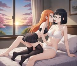 about_to_kiss ai_generated bed bedroom black_hair blush bra closed_eyes daughter hand_on_stomach implied_incest mother mother_and_daughter older_female_and_younger_female orange_hair panties pantyshot persona persona_(series) persona_5 sakura_blossoms sakura_futaba school_skirt schoolgirl stockings stockings_thigh_highs straddling sunset teenager underwear wakaba_ishiki yuri