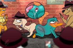 anal anal_penetration anthro canid canine canis disney_xd domestic_dog duo group hi_res knotted_penis knotting knotting_position male male/male mammal monotreme perry_the_platypus phineas_and_ferb platislut platypus reptile rocky_rakoon_(artist) scalie turtle