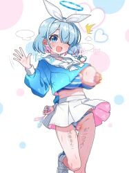 after_sex alternate_breast_size_(larger) arm_behind_back arona_(blue_archive) blue_archive blue_bra blue_eyes blue_hair blue_halo blue_panties blue_shirt blur_censor blush body_writing border bow bow_hairband bowtie bra breasts censored clothing_aside commentary_request commission condom female foot_out_of_frame hair_over_one_eye hairband halo hand_up heart highres huge_breasts legs long_sleeves looking_at_viewer medium_hair midriff miniskirt mitsunashi_ringo netorare one_breast_out one_eye_closed one_eye_covered open_mouth panties panties_aside pink_hair pleated_skirt puffy_nipples pussy pussy_juice sailor_collar shirt shoes simple_background skeb_commission skindentation skirt smile sneakers solo standing standing_on_one_leg stray_pubic_hair striped_bra striped_clothes striped_panties thighhighs thighs underwear used_condom white_background white_border white_hairband white_sailor_collar white_shoes white_skirt