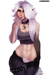 1girls abs belly belly_button belt big_breasts big_hips breasts bush bushy_pubes choker collar cunnilingus_gesture curly_hair deadlock digital_drawing_(artwork) digital_media_(artwork) eyeshadow fangs female female_focus furry_ears furry_tail hairy_pussy hips long_hair nails pants pants_pull pants_pulled_down piercing_through_clothes pubic_hair pubic_hair_peek scars silver_(deadlock) solo solo_female solo_focus suggestive suggestive_gesture sundered tail tank_top teeth teeth_showing tongue tongue_out werewolf werewolf_girl white_hair wolf_girl yellow_eyes