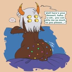 absurd_res arachnid ass_focus ballsack big_ass_(male) blush chubby_male cosmic_brownies dialogue elf_ears extra_eyes femboy food_play heavenly_ass hi_res huge_ass ibispaint_(medium) jiggling_ass kirby_(series) kirby_triple_deluxe massive_ass nintendo nipple_slip shy_male sitting_on_bed solo_male submissive_male tail taranza thick_ass twink