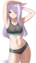 armpits arms_up belly child_bearing_hips female female_focus female_only flat_chest flat_chested gym gym_clothing horse horse_ears horse_girl horse_tail mejiro_mcqueen_(umamusume) midriff one_eye_closed petite petite_body purple_eyes skinny skinny_female slender_body slender_waist small_breasts solo solo_female solo_focus sports_bra sports_panties stretching stretching_arms tiny_breasts tummy umamusume umamusume_pretty_derby