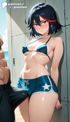 1boy 1girls 2026 ai_assisted ai_generated anime artist_name black_hair blue_eyes blush breasts bulge bust erection erection_under_clothes explicit hi_res high_quality high_resolution highres kill_la_kill matoi_ryuuko multicolored_hair navel patreon patreon_username red_hair shorts skypassion stable_diffusion straight streaked_hair watermark