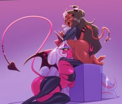 1boy 1girls bigdad demon_girl fellatio femboy femboy_on_female helluva_boss horns large_breasts looking_pleasured red_skin sexy source_request sucking_penis tagme tagme_(character) tail thighhighs verosika_mayday_(helluva_boss)