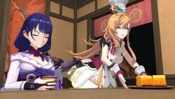 1futa 1girls 3d 3d_(artwork) angry chef_hat chef_uniform closed_eyes escoffier_(genshin_impact) genshin_impact gritted_teeth groping groping_ass implied_futa raiden_shogun runeiteer scared story_at_source wide_eyed