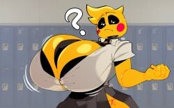 16:10 absurd_res animatronic anthro avian beakless behemaid big_breasts bird black_sclera bottomwear bra breasts button_(fastener) chicken cleavage clothed clothing collared_shirt dress_shirt female five_nights_at_freddy's five_nights_at_freddy's_2 frown galliform half-closed_eyes hi_res huge_breasts looking_at_viewer machine narrowed_eyes non-mammal_breasts phasianid question_mark robot scottgames shirt skirt solo straining_buttons topwear toy_chica_(fnaf) underwear white_eyes widescreen yeehawt0wn yellow_body