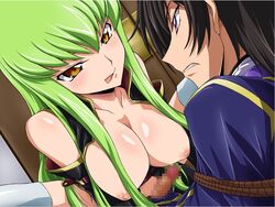 aquamu bondage breasts c.c. censored cleavage code_geass femdom foreplay green_hair lelouch_lamperouge licking_lips malesub naughty_face naughty_smile penis rope thighhighs tied_up tongue yamagarasu yellow_eyes