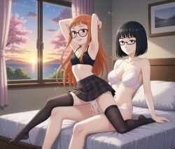 ai_generated arms_above_head bed bedroom black_hair blush bra brown_eyes cumming cumming_on_thighs daughter half_dressed incest mother mother_and_daughter older_female_and_younger_female orange_hair panties pantyshot persona persona_(series) persona_5 purple_eyes sakura_blossoms sakura_futaba school_skirt schoolgirl sitting_on_bed stockings stockings_thigh_highs straddling sunset teenager underwear vaginal_fluids wakaba_ishiki yuri