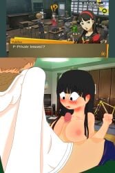 amagi_yukiko atlus big_breasts black_hair black_pupils blush blushing_female classroom clothed_male_nude_female detailed_background erected_nipples erected_penis faceless_male female_focus flustered_female hanamura_yousuke inminent_sex looking_at_penis narukami_yu nude_female orange_hair penis_between_breasts persona_4 persona_4_the_golden pink_nipples satonaka_chie screenshot seta_souji sitting_on_bed small_areola straight_hair surprised_expression variant_set video_game_character video_games