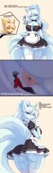absurd_res alolan_form alolan_ninetales anthro anus ass big_breasts big_butt biped blonde_hair blue_eyes bottomwear bow_choker breasts cellphone choker claws clothed clothing comic dialogue digital_media_(artwork) electronics english_text extreme_size_difference eyelashes female female_anthro finger_claws fingers fur generation_1_pokemon generation_7_pokemon genitals group hair hat headgear headwear hi_res hiding human inside_clothing jewelry larger_anthro larger_female long_eyelashes macro macro_anthro macro_female maid_uniform male mammal micro micro_abuse micro_human micro_in_underwear micro_male multi_tail necklace ninetales nintendo open_mouth panties pants phone pokemon pokemon_(species) ponytail red_eyes regional_form_(pokemon) shirt simple_background size_difference smaller_human smaller_male smartphone son2j tail text thick_thighs topwear trapped_in_clothing trio underwear uniform vulva white_body white_fur white_hair yellow_body yellow_fur