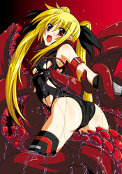 ass blonde_hair blush erect_nipples fate_testarossa female from_behind fumihiro imminent_rape long_hair looking_back lyrical_nanoha mahou_shoujo_lyrical_nanoha red_eyes restrained slime tentacle tentacle_on_female tentacle_rape thighhighs tied_hair torn_clothes twintails very_long_hair