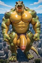 ai_generated bara_body black_scales black_stripes city dinosaur_humanoid facial_hair hairy_armpits hairy_chest hairy_crotch hairy_testicles humanoid_genitalia humanoid_penis macro macro_male massive_thighs muscular_anthro muscular_arms muscular_legs muscular_pectorals muscular_shoulders muscular_thighs pixai scalie_humanoid scalie_male testicles theropod tusks typhek tyrannosaurid tyrannosaurus tyrannosaurus_rex