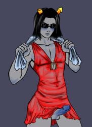 1boy 2016 abs alien alien_humanoid artist_request average_sized_penis balls black_hair blue_penis body_blush broken_glasses broken_horn closed_eyes clothed clothing equius_zahhak erect_penis erection glasses hair homestuck homestuck_troll horns horseshoe humanoid humanoid_genitalia humanoid_penis male_only ms_paint_adventures muscular muscular_male no_artist_signature orange_horns penis realistic_penis_size retracted_foreskin simple_background solo solo_male sunglasses towel towel_around_neck