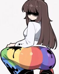 1girls absurd_res ahoge ai_generated annoyed ass brown_hair clothed clothed_female colorful_pants dandy's_world dandys_world delilah_keen_(dandy's_world) falsegate from_behind glasses highres ink ink_on_body ink_on_clothes large_ass long_hair looking_at_viewer looking_back multicolored_pants pants rainbow_pants self_upload shaded_face solid_color_background solo squatting stable_diffusion white_background white_suit