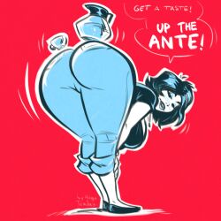 1girls artist_name ass ass_bigger_than_head ass_focus aunt_cass bent_forward bent_over big_ass big_breasts big_hero_6 bottom_heavy breasts brown_hair cass_hamada coffee_pot denim denim_bottomwear denim_jeans dialogue disney english english_text female female_only hands_on_legs huge_ass hugotendaz jeans large_ass large_breasts looking_at_viewer looking_back marvel milf mom_jeans monochrome motion_lines necklace pinup presenting presenting_hindquarters pun simple_background solo solo_female speech_bubble text tight_clothing