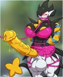 2020s 2025 2d animal_genitalia animal_penis anthro areola ball_gag balls big_balls big_breasts big_penis blurred_background blush bodily_fluids bottomwear bra breasts clothing collar digital_media_(artwork) dripping equine_genitalia equine_penis erection gag gardevoir generation_3_pokemon generation_4_pokemon genital_fluids genitals gynomorph gynomorph_anthro hands_behind_back hi_res hitomi_(someguy987) huge_cock hybrid intersex intersex_anthro leash leashed_collar lingerie luxray medial_ring muscular muscular_anthro muscular_gynomorph muscular_intersex nintendo penis pink_bottomwear pink_bra pink_clothing pink_lingerie pink_skirt pink_underwear pokemon pokemon_(species) precum precum_drip red_eyes skirt solo tail thick_thighs tridark underwear vein