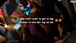 16:9 3d_(artwork) 4k absurd_res anthro aurora_(crimsomdark) big_breasts black_body blender_(artwork) blender_cycles_(artwork) breasts canid canine canis car car_interior crimsomdark digital_media_(artwork) dildo duo english_text epic_games female female/female fortnite genitals hi_res highwire highwire_(nyaasapphire) licking mammal nipples pack_leader_highwire sex_toy text tongue vehicle widescreen wolf