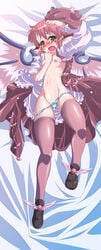 1girls animal_ear blush dakimakura female flat_chest hat highres lying mystia_lorelei nikusho nipples omorashi_myschi panties pink_hair short_hair solo striped striped_panties sweat tears thighhighs touhou underwear winged_shoes wings yellow_eyes