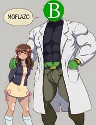 1boy 1girls ai ai-created ai_assisted ai_generated bara biologia_desde_cero blush brown_hair bulge_through_clothing clothing edit edited green_body green_skin labcoat logo meme muscular_male size_difference skirt stockings tortieza youtube_hispanic youtuber