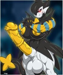 2020s 2025 4_fingers animal_genitalia animal_penis anthro areola balls big_balls big_breasts big_penis blood blurred_background bodily_fluids breasts claws cracking_knuckles digital_media_(artwork) equine_genitalia equine_penis erection eyelashes finger_claws fingers gardevoir generation_3_pokemon generation_4_pokemon genitals gynomorph gynomorph_anthro hi_res hitomi_(someguy987) huge_cock hybrid intersex intersex_anthro looking_at_viewer luxray medial_ring muscular muscular_anthro muscular_gynomorph muscular_intersex muscular_thighs nintendo nipples penis pokemon pokemon_(species) red_eyes solo tail tridark vein