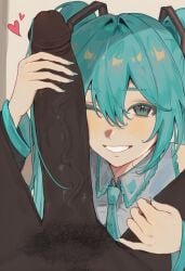 1boy 1boy1girl 1girls ai_generated aroused blue_eyes blue_hair blush close-up cock_worship dark-skinned_male detached_sleeves girthy_penis happy hatsune_miku heart huge_cock idol indoors interracial looking_at_viewer male/female male_pubic_hair medium_breasts penis_awe penis_grab pov pov_crotch room smile teeth twintails unifork veiny_penis vocaloid waroffree worship