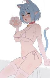 absurdres ahoge alternate_costume animal_collar animal_ears animal_hands bell bikini blush breasts cat_ears cat_girl cat_paws cat_tail collar commentary_request elbow_gloves female gloves heart heart_ahoge highres hololive large_breasts looking_at_viewer medium_hair navel neck_bell norigure18 open_mouth pink_bikini pointy_ears polka_dot polka_dot_bikini red_collar simple_background sitting smile solo swimsuit tail thighhighs virtual_youtuber white_background white_gloves white_thighhighs yellow_eyes yukihana_lamy