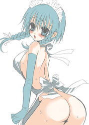 apron ass blush braid highres naked_apron sakuya_izayoi short_hair silver_hair solo touhou twin_braids umeiro