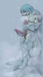 2_penises 4k 9:16 absurd_res animal_genitalia anthro artcondedaniel blue_hair claws closed_eyes facial_scar fin fish genital_slit genitals gills grey_body hair hi_res holding_penis leaning leaning_forward male marine masturbation multi_genitalia multi_penis muscular muscular_anthro muscular_male nipples nude open_mouth pecs penis plantigrade scar shark shower solo steam tail teeth tongue wet wet_body wet_hair