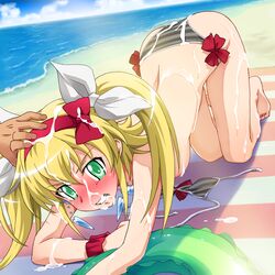 ass beach bikini blonde_hair blush bow breasts cum cum_on_ass cum_on_body cum_on_breasts cum_on_clothes cum_on_hair cum_on_lower_body cum_on_upper_body facial green_eyes hairband highres innertube nipples ocean ponytail saipaco sea shishidou_nami sora_wo_kakeru_shoujo striped swimsuit tears tied_hair topless twintails