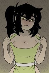 1girls 2024 apron apron_only big_breasts black_hair breast_focus breasts cleavage female female_only green_apron green_eyes hair lagsoff mature mature_female mature_woman milf mother naked_apron ponytail renee_graves seductive seductive_look smile solo solo_female the_coffin_of_andy_and_leyley tied_hair upper_body upper_body_focus