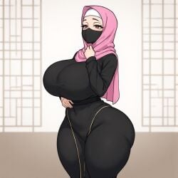 1girl, big black breasts, brown butt, clothes, clothing, curves extremely eyes, hijab, hips, huge jilbab, mature, niqab, pink setting, subtle thick thick, thighs, traditional traditionnal under wide wife,
