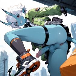 1femboy ai_generated ass asshole balls blue_skin blush crossdressing dickgirl femboy feminine_male functionally_nude futa_sans_pussy futanari gay girly hoyoverse ian8766_(artist) imminent_sex intersex mihoyo outdoors penis public rule_63 self_upload sissy soukaku_(zenless_zone_zero) teasing testicles trap yaoi zenless_zone_zero