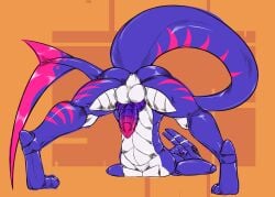 2024 abstract_background absurd_res animal_genitalia animal_penis anthro artist_name ass ass_up athletic athletic_anthro athletic_male balls biped colored digital_drawing_(artwork) digital_media_(artwork) english_text erection feet genitals glans hi_res jack-o'_pose joints khayen knot knotted_penis looking_at_viewer looking_back looking_back_at_viewer male markings multicolored_penis nude nude_anthro nude_male penis pink_eyes pink_glans pink_markings pose presenting presenting_balls presenting_hindquarters presenting_penis purple_body purple_butt purple_penis shark_tail signature simple_background slim solo synth_(vader-san) tail text two_tone_penis white_balls white_body