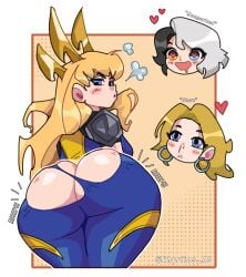 2026 2d 2d_(artwork) 3girls ass ass_focus back_view big_ass big_butt blonde-haired_female blonde_female blonde_hair blush blush_lines butt_focus drooling earrings english_text exposed_ass female female_focus female_only heart heart-shaped_pupils heart_symbol heterochromia hoop_earrings invisible_woman invisible_woman_(marvel_rivals) jewelry khyriios_ad legs_together light-skinned_female light_skin light_skinned_female long_hair looking_at_ass looking_at_own_butt looking_back luna_snow luna_snow_(marvel_rivals) magik_(illyana_rasputin) magik_(marvel_rivals) magik_(retro_x-uniform) marvel marvel_comics marvel_rivals multiple_girls nosebleed open_mouth rear_view ripped_clothing ripped_pants short_hair shoulder_pads simple_background standing sue_storm text thighs thighs_together two-tone_hair wardrobe_malfunction white_border yuri